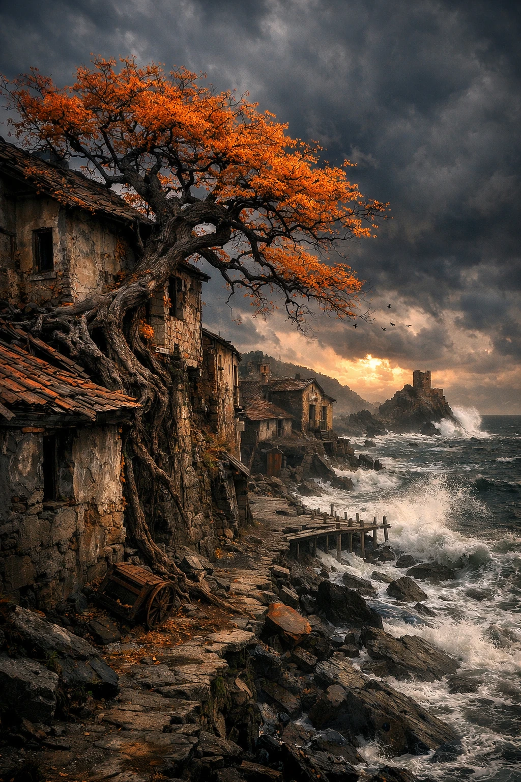 Pintura al óleo de fantasía oscura de un pueblo costero en ruinas