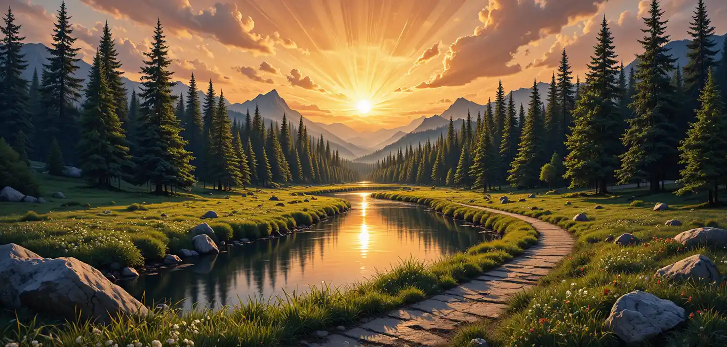 暖色夕陽下泛著金光的山林溪流
