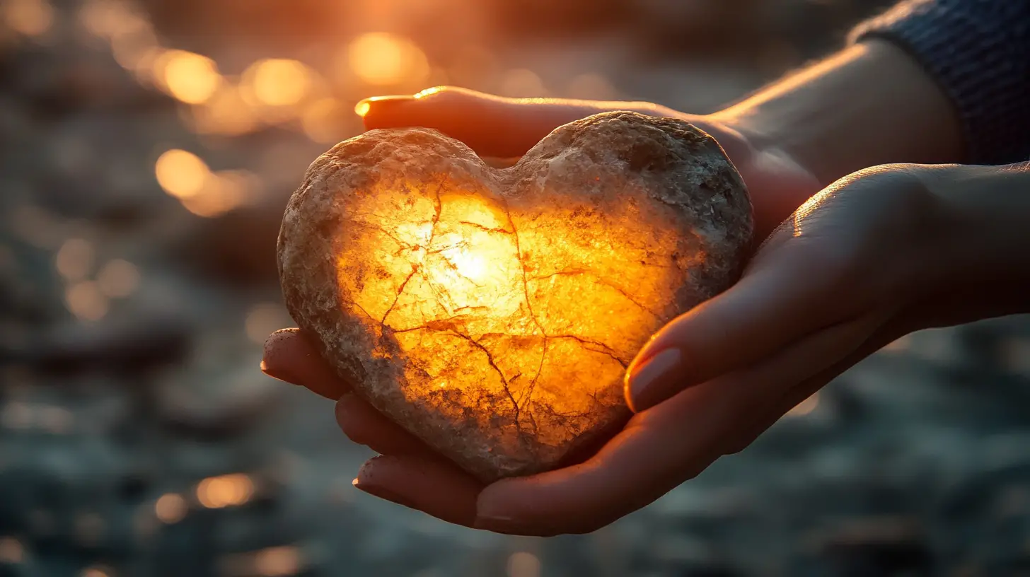 Surreal figure holding a cracking stone heart of light