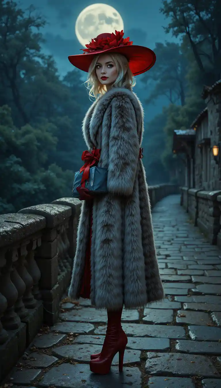 Crossdresser elegante con piel de zorro junto a un puente de piedra a la luz de la luna