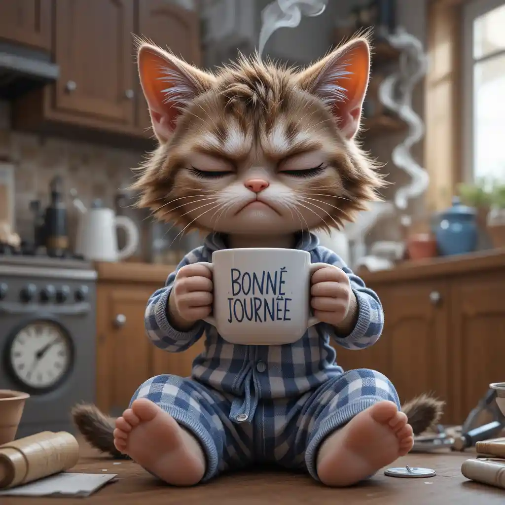 Sleepy 3D kitten in striped pajamas holding hot coffee
