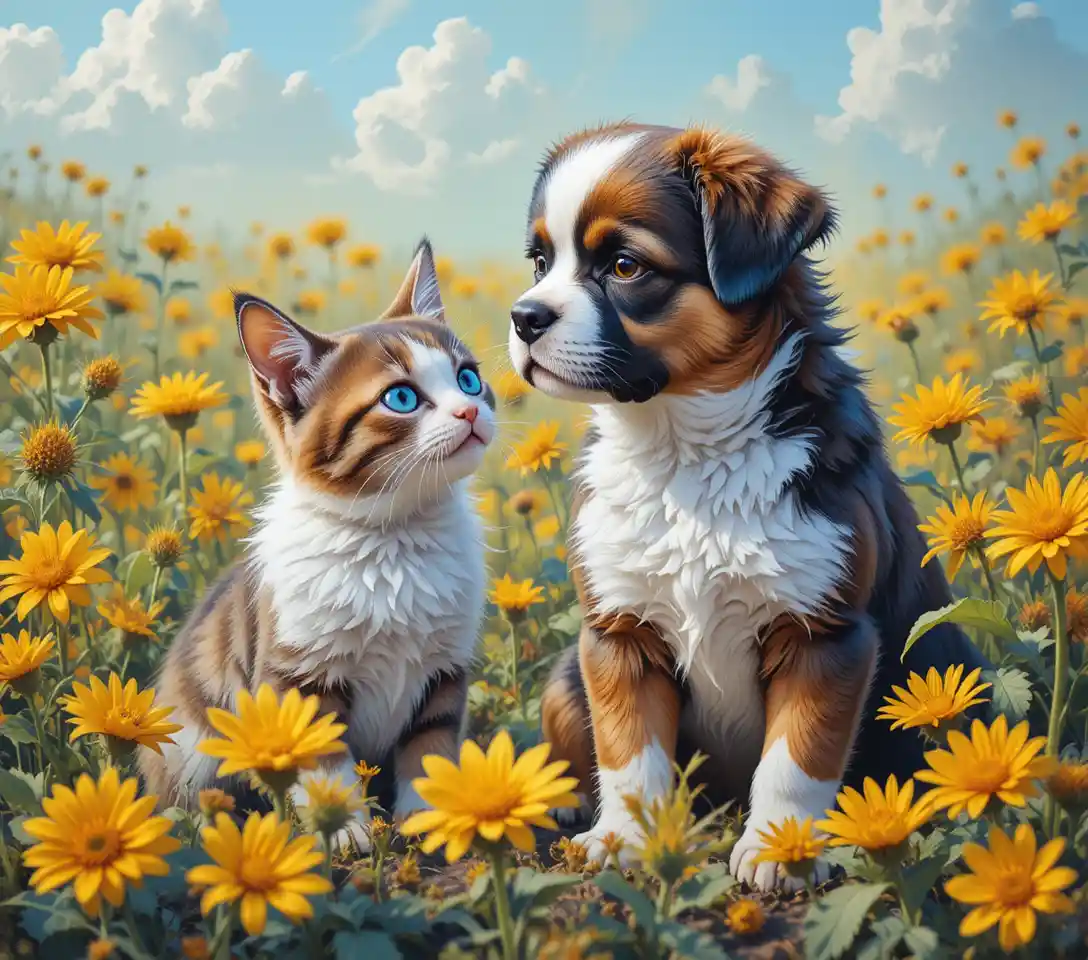 Cucciolo di San Bernardo e gattino in un luminoso campo di girasoli