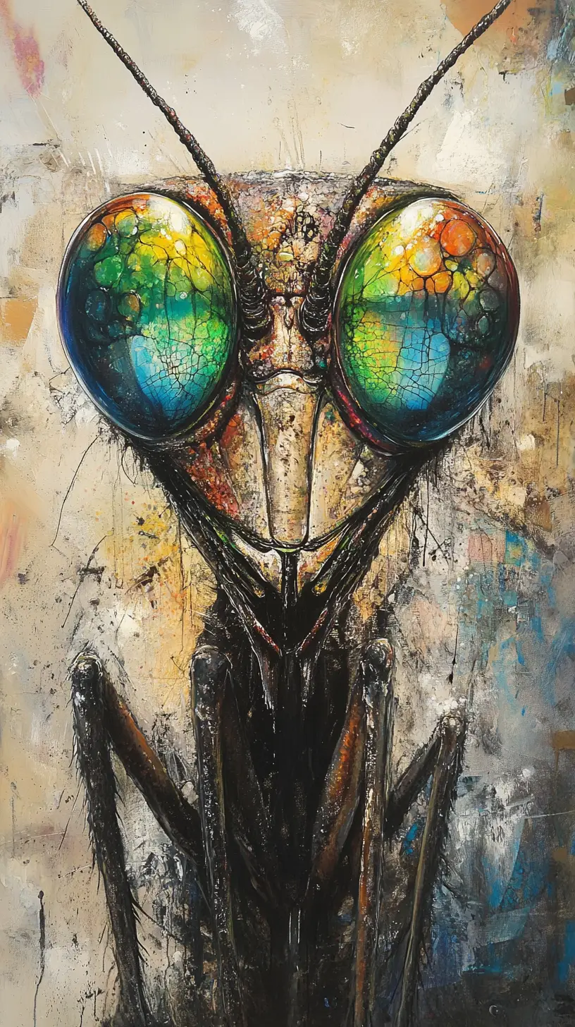 Louva-a-deus surreal em close com grandes olhos refletivos