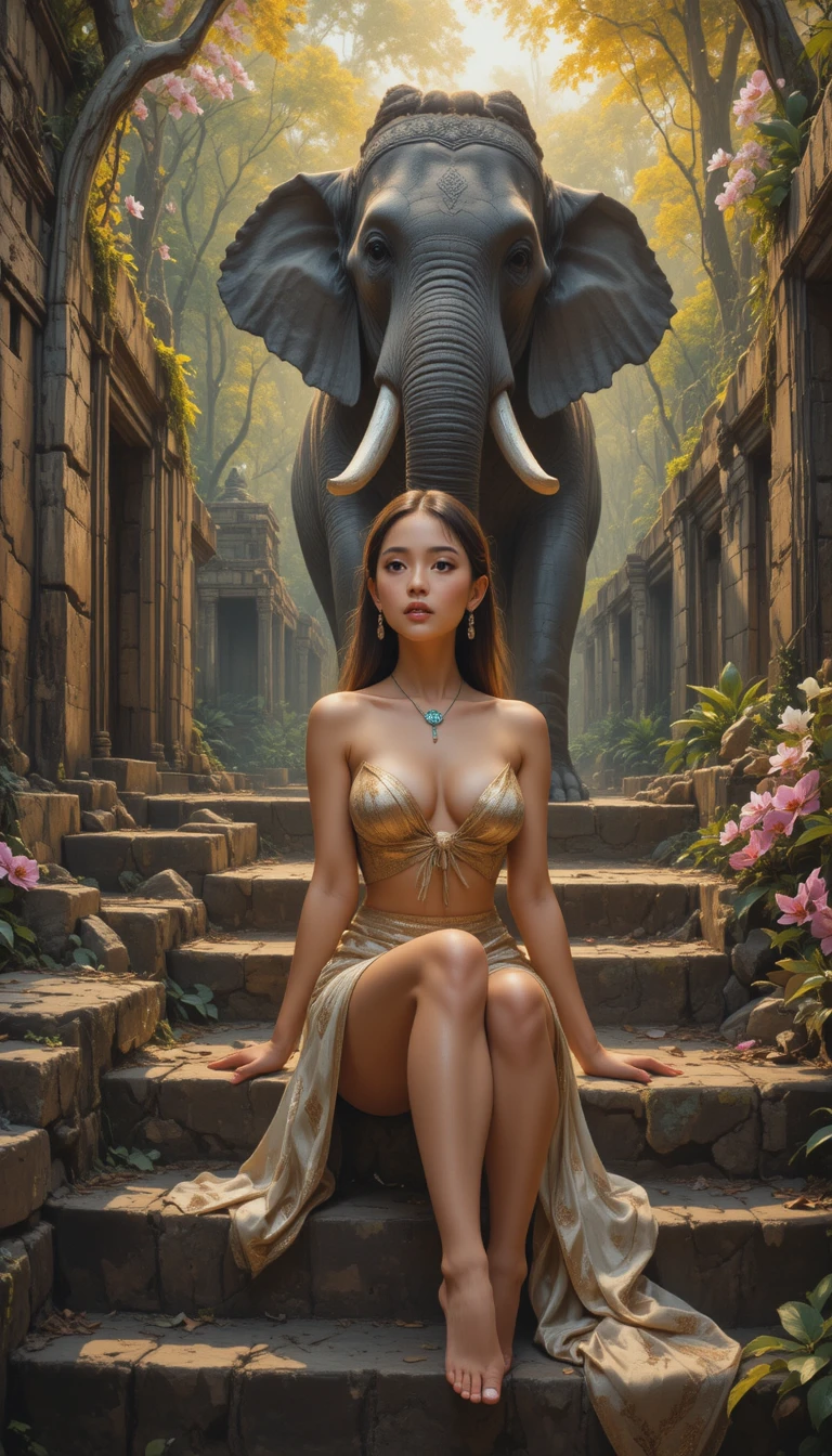 Femme élégante sur des marches en pierre dans un ancien temple de jungle