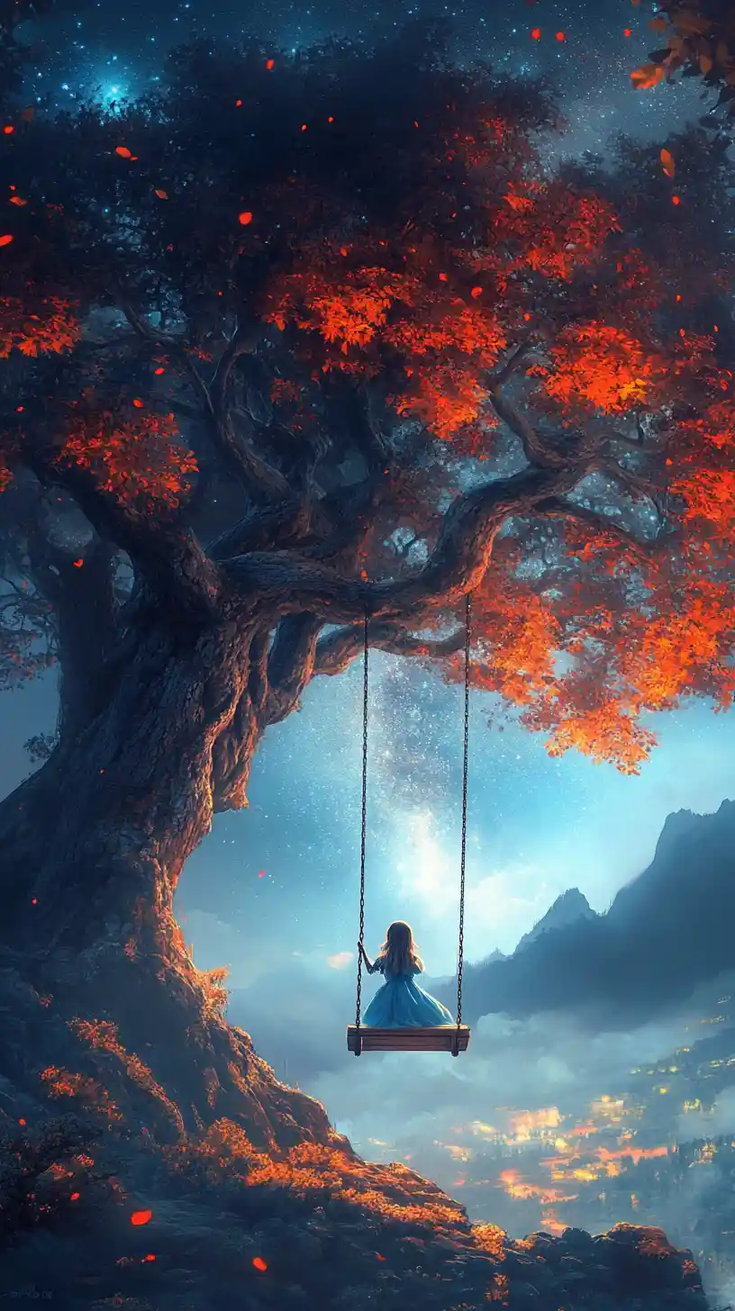 Girl on a swing under an ancient tree at night