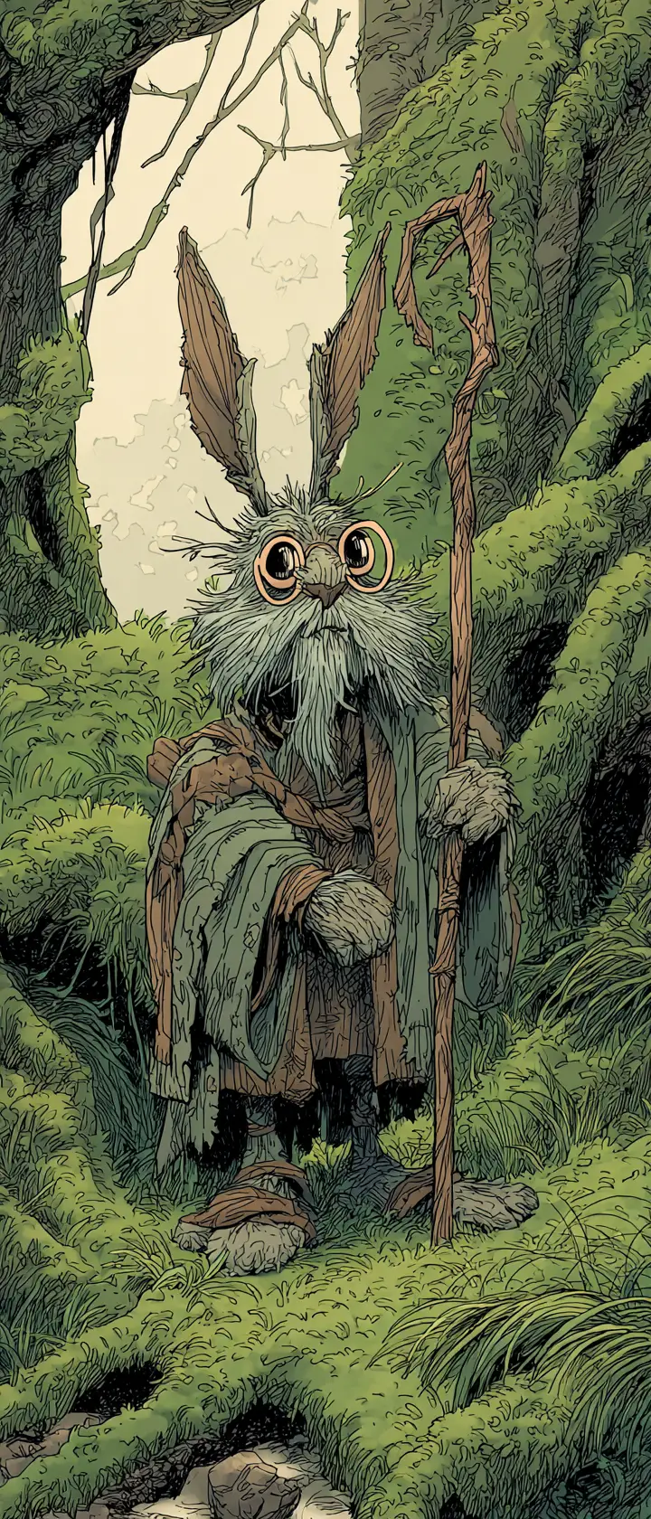 Elderly Easter rabbit wizard in an ancient forest