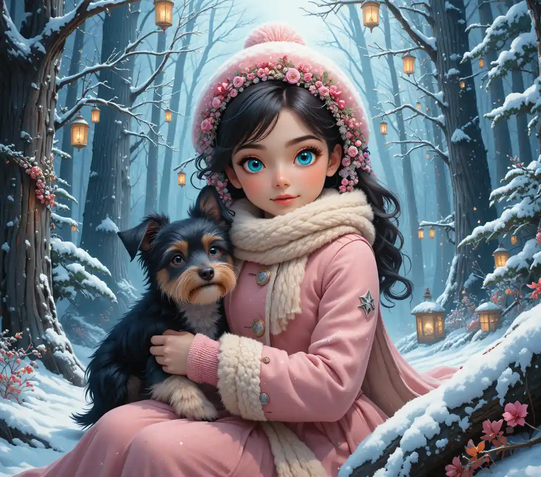 Girl in pink coat resting calmly in a snowy forest