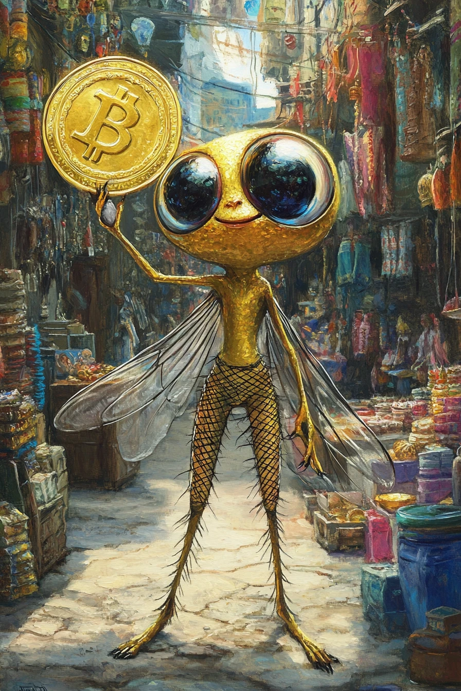 Golden big eyed fly with coin in a lively bazaar