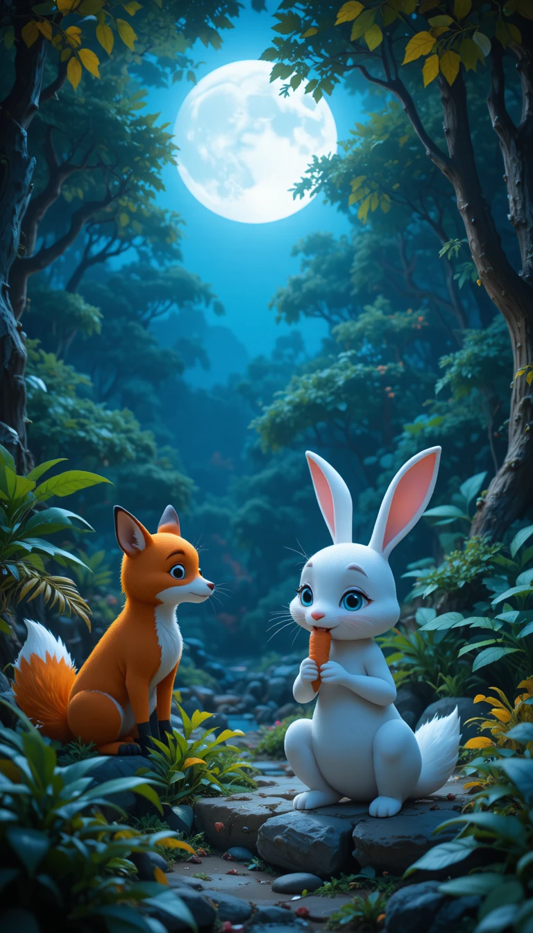 Dolce coniglio che mangia una carota in una foresta illuminata dalla luna