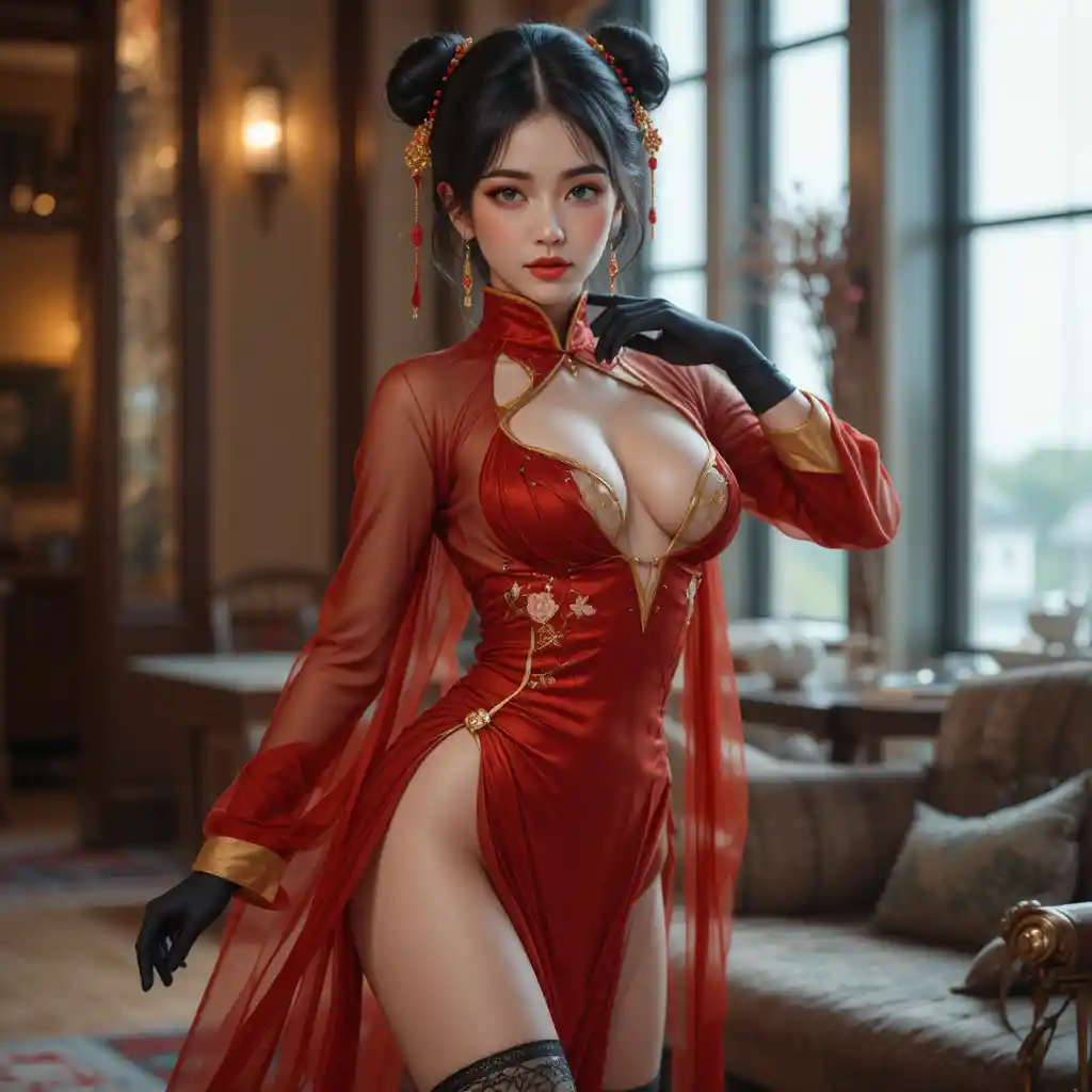 Confident brunette in red chinese dress striking dynamic pose