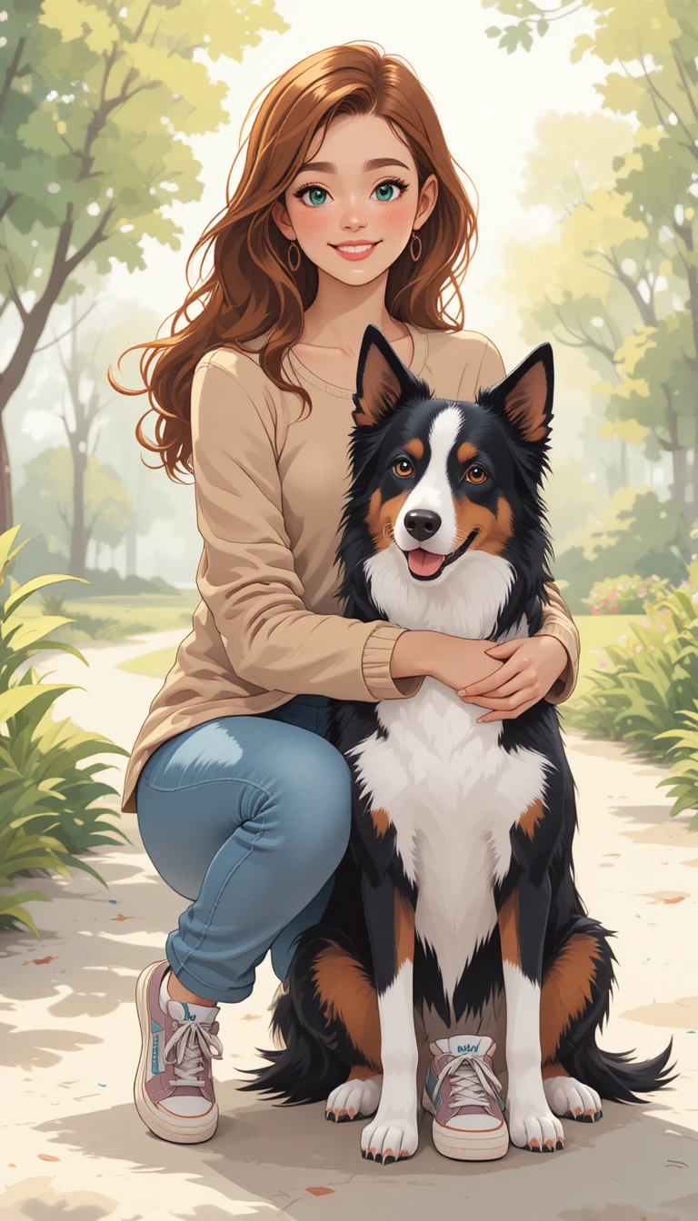 Young woman hugging her dog in a sunny park