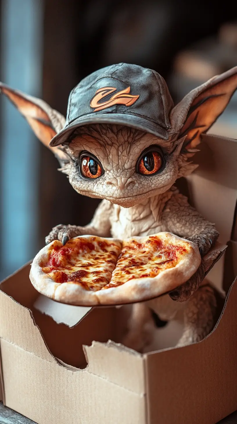 Cute delivery dragon carrying hot pizza in the suburbs