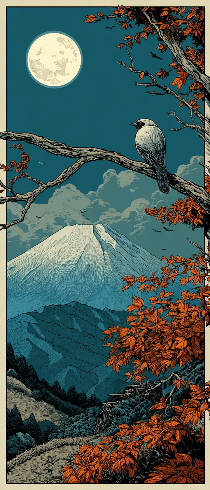 Japanese mountain landscape under a serene autumn full moon