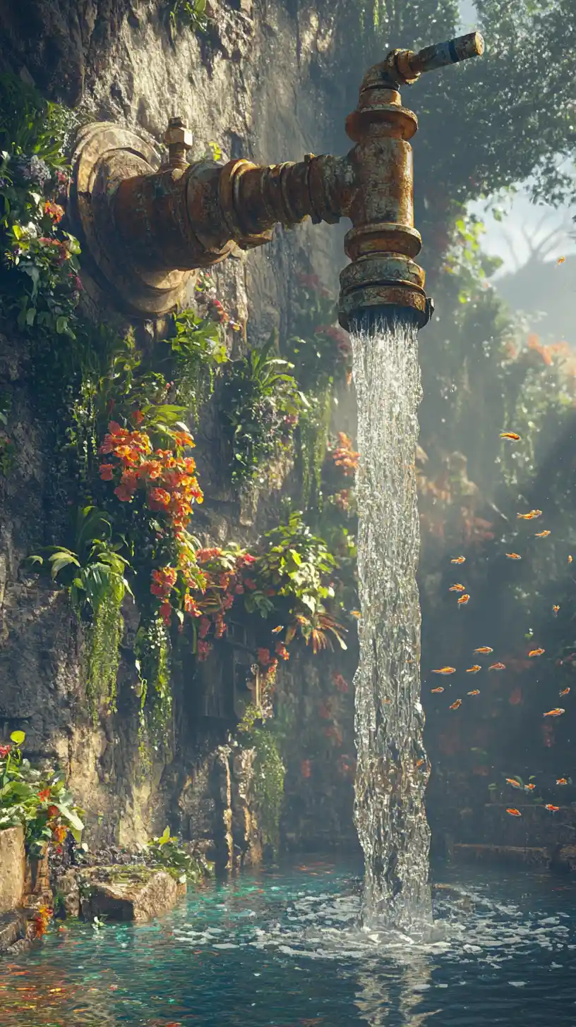 Giant Rusty Tap Waterfall In A Lush Fantasy Cliff