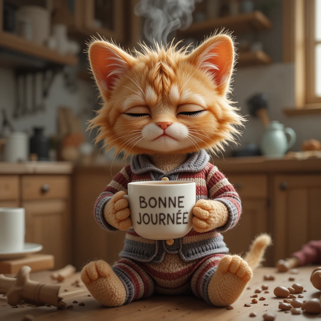 Gattino assonnato all’uncinetto 3D in pigiama in una cucina in disordine