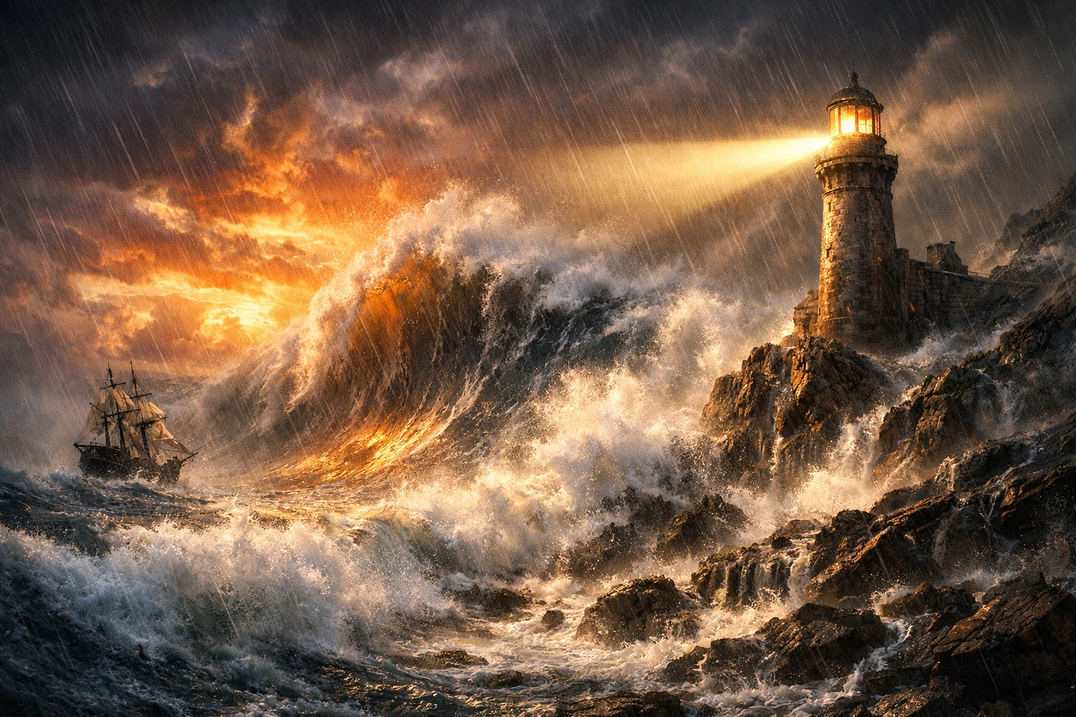 Faro e Veliero in una Drammatica Tempesta Autunnale in Mare