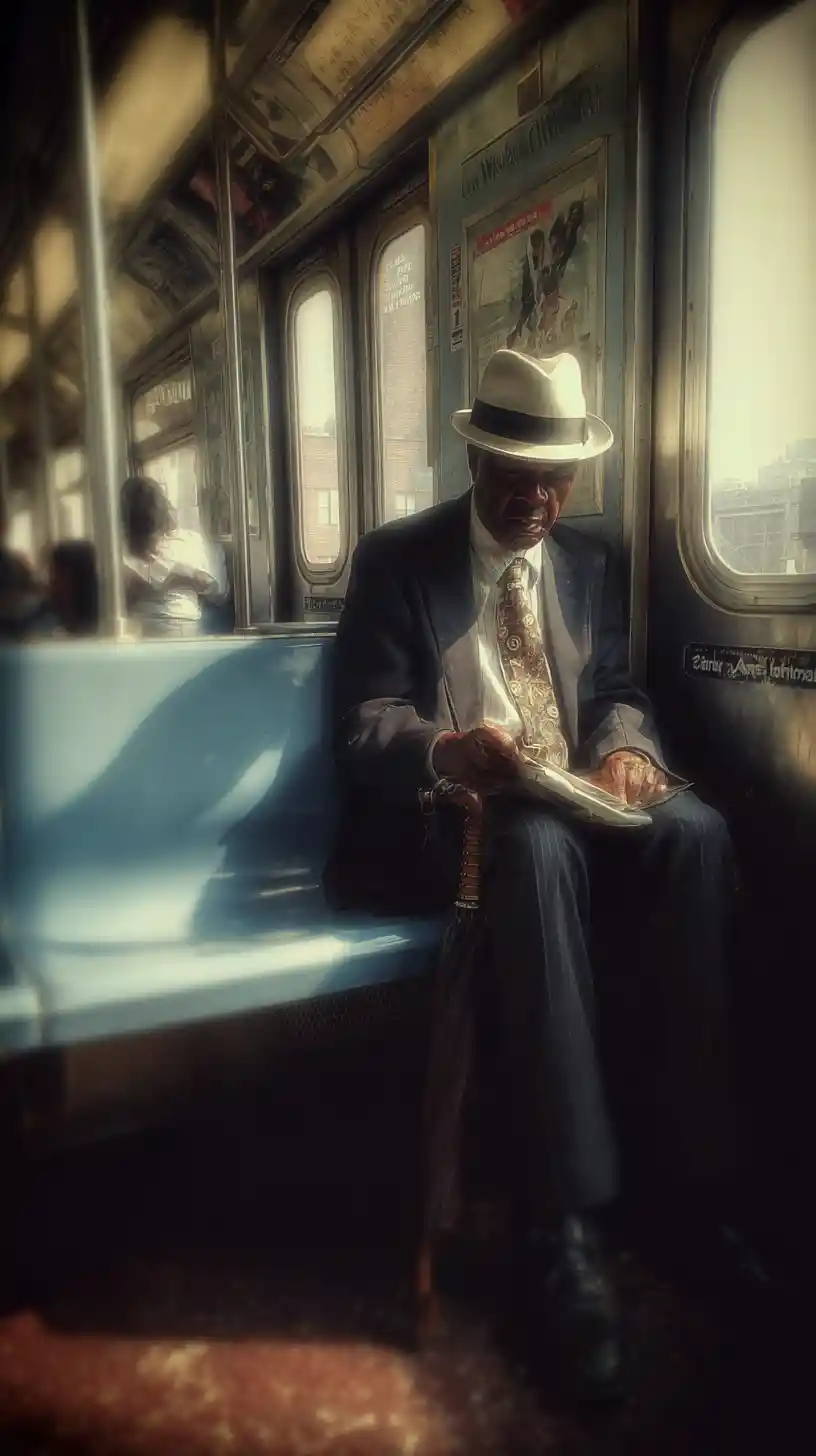 Man writing in a notebook on the subway train
