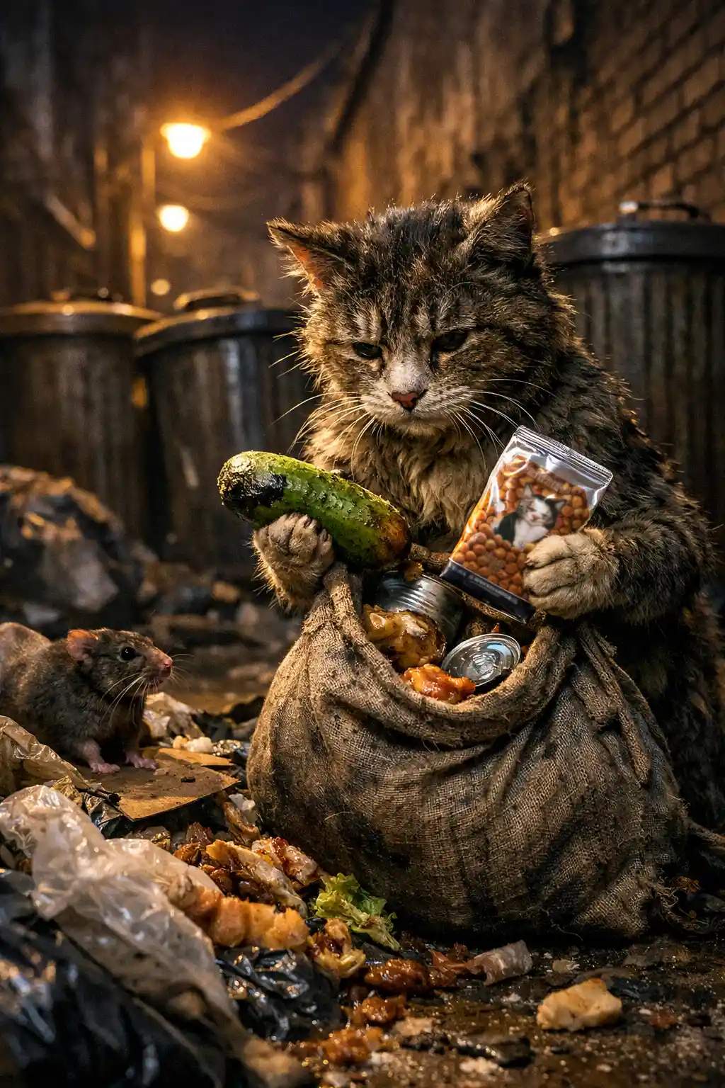 Stray cat searching for scraps in a dark city alley