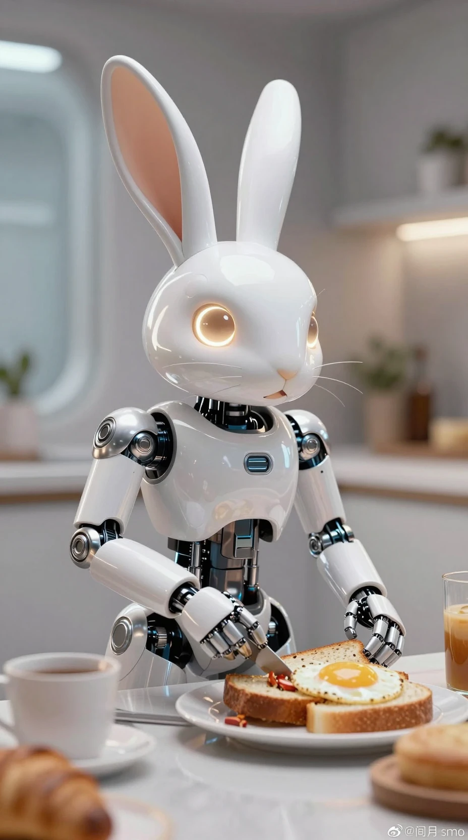 Futuristic robotic rabbit preparing a gentle morning breakfast