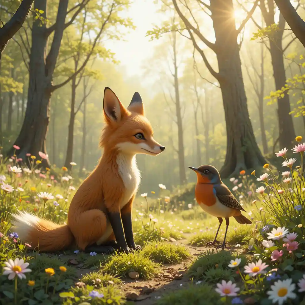 Kleiner Fuchs und Rotkehlchen auf einer sonnigen Lichtung im Frühlingswald
