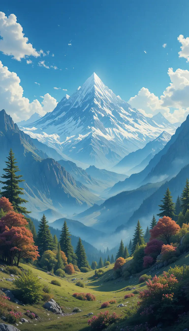 Peaceful Vintage Mountain Landscape With Lush Green Trees