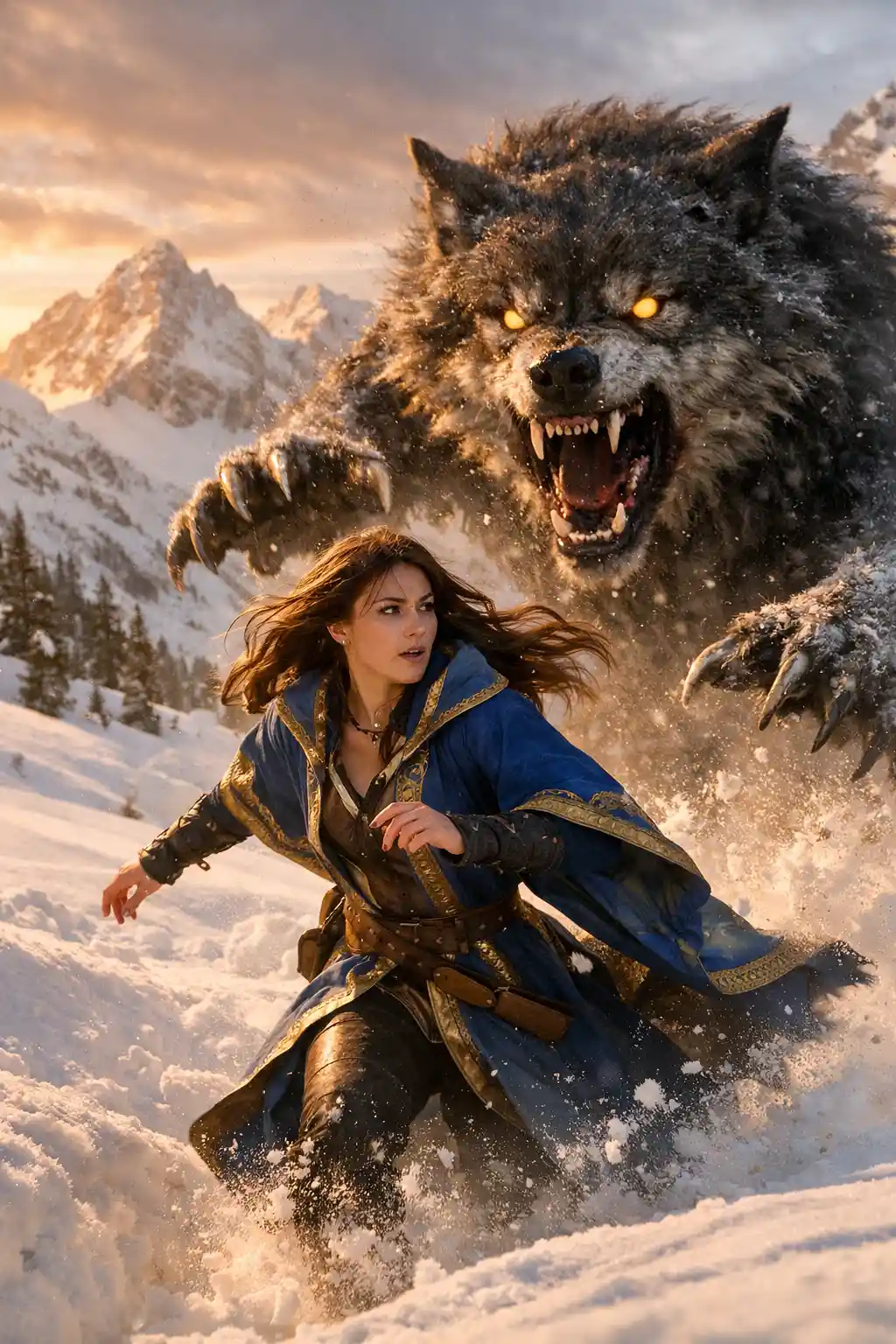 Female warrior fleeing a monstrous wolf in snowy mountains
