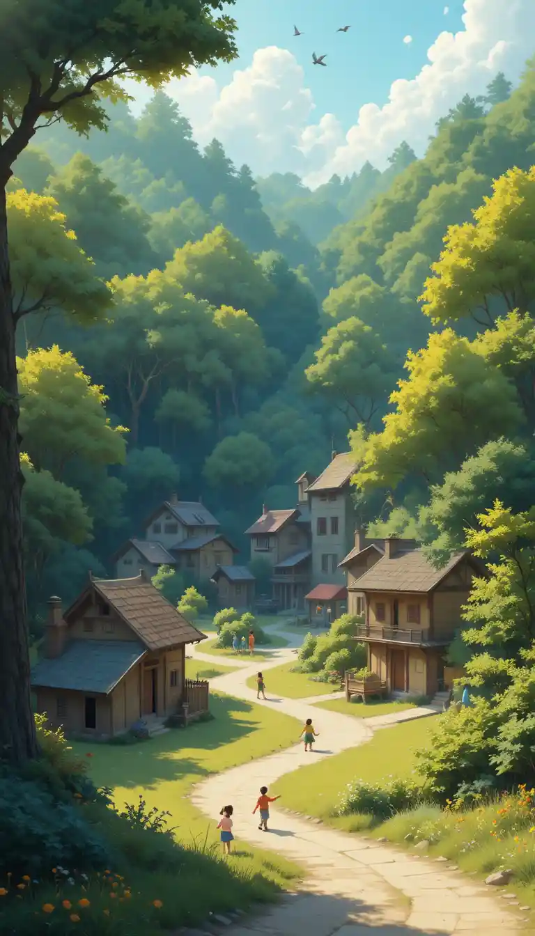 Pueblo tranquilo junto a un bosque verde oscuro al amanecer