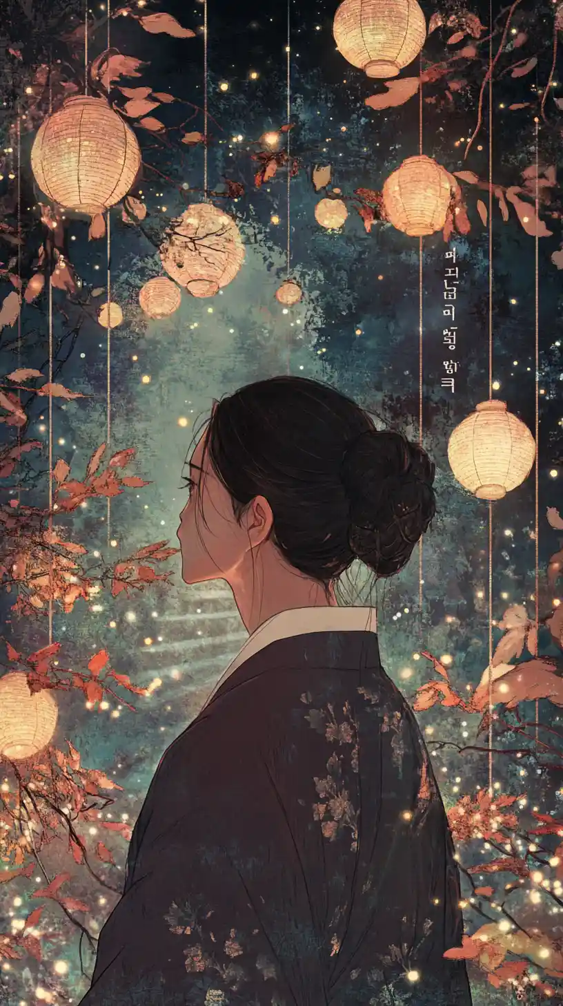 Korean woman on stairs under lantern light and leaves