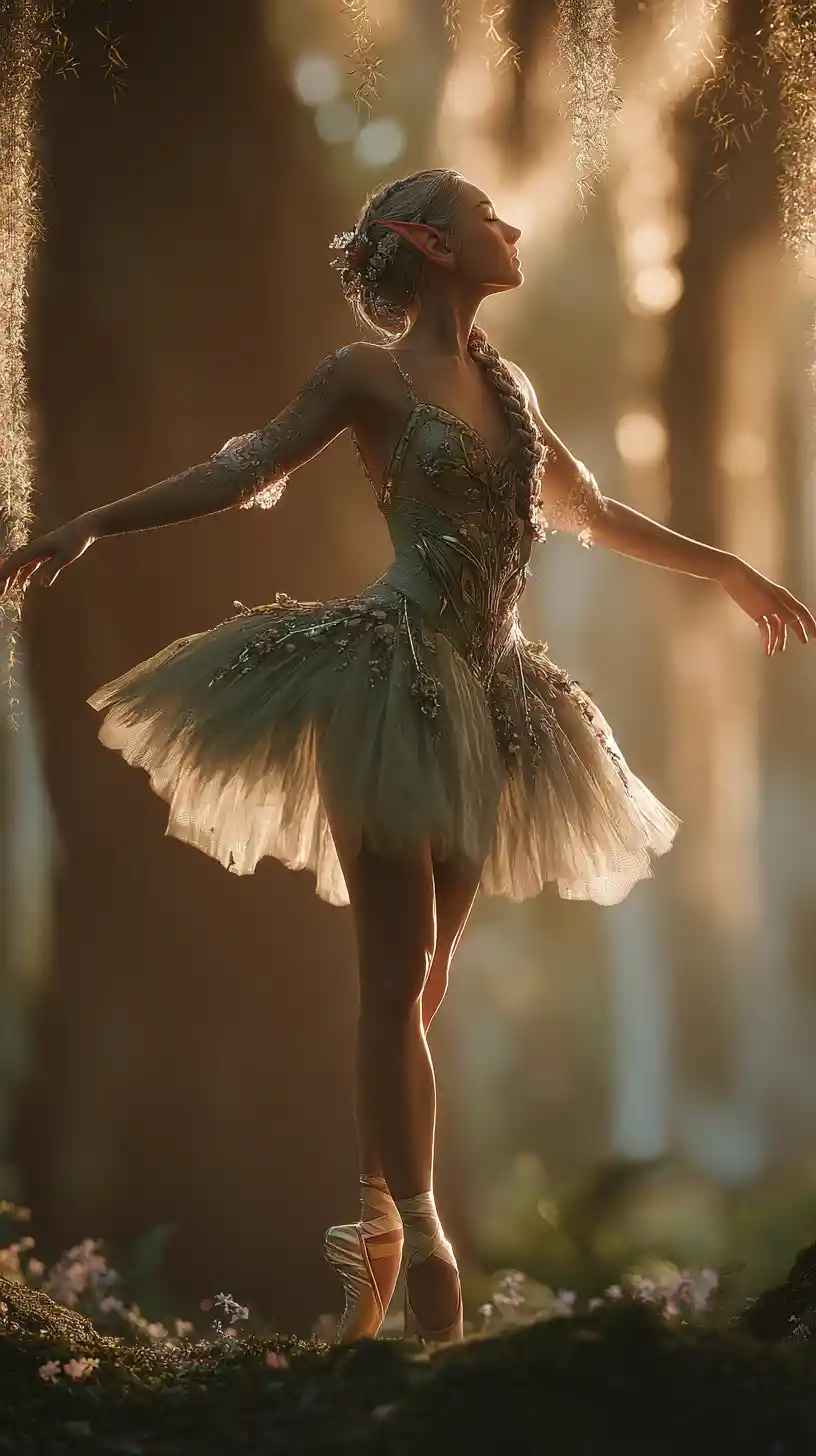 Ethereal elven ballerina dancing in a sunlit forest clearing