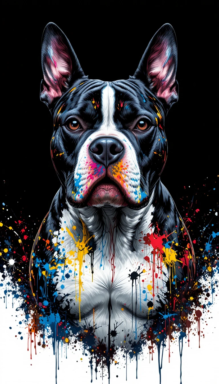 Ritratto di pitbull con schizzi di colore su sfondo nero intenso
