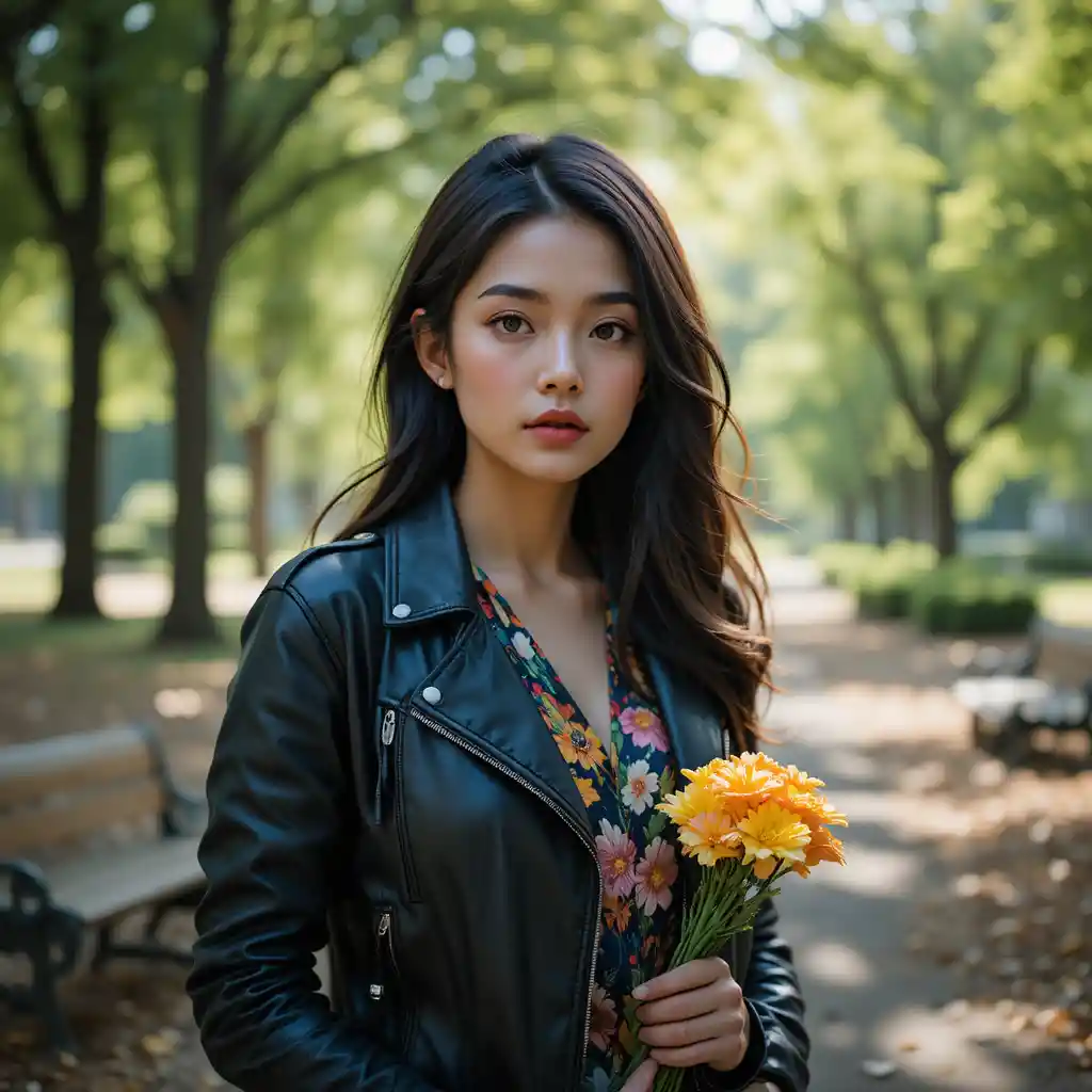Young woman with flowers standing in a sunlit green park