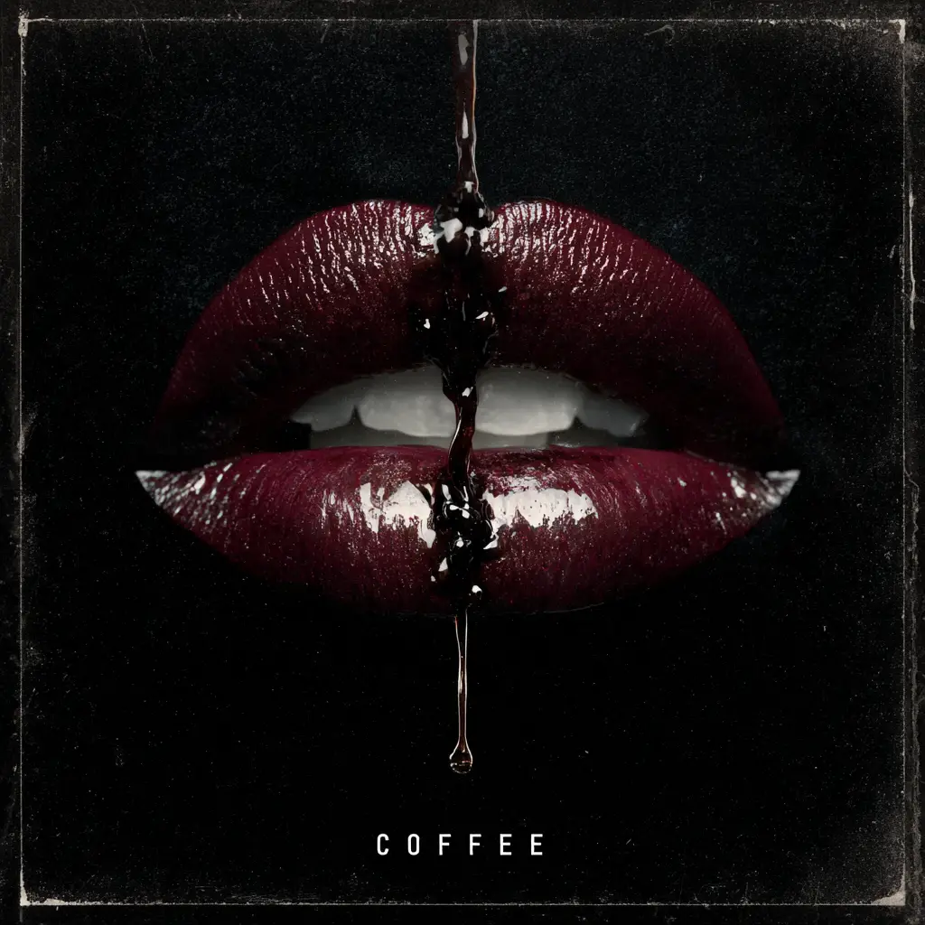 Extremes Close-up von Lippen mit herabfallendem Kaffee vor schwarzem Hintergrund