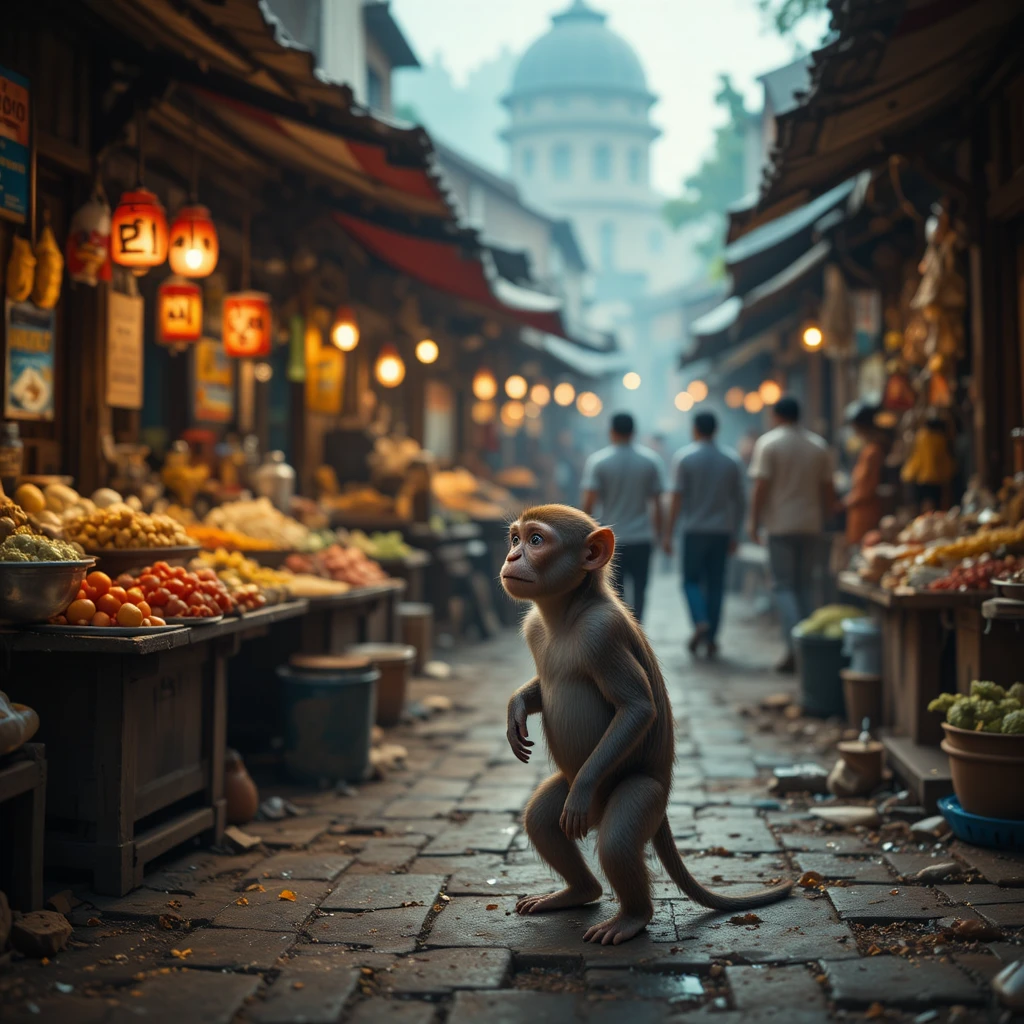 Mono solitario mirando los puestos de comida en un mercado concurrido