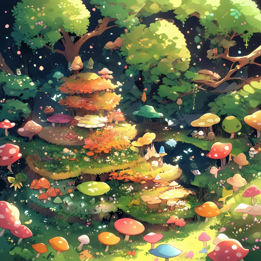 Miniature felt forest with trees mushrooms and tiny birds