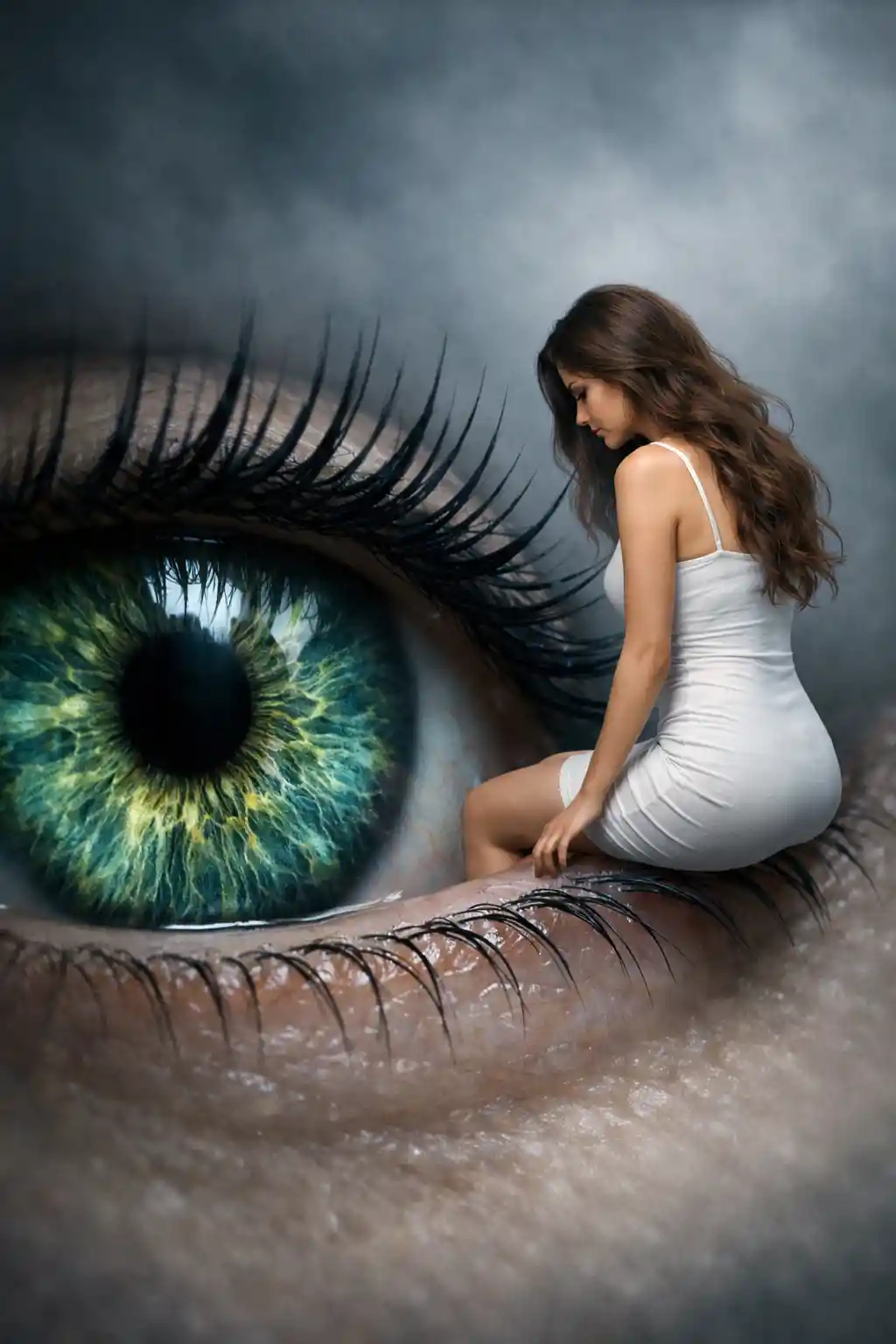 Junge Frau im weißen Kleid neben einem riesigen grünen Auge