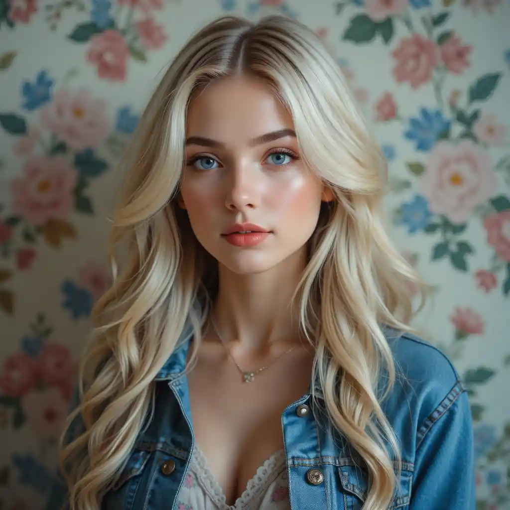 Träumerisches Porträt eines blonden Mädchens in Denim und floralen Mustern