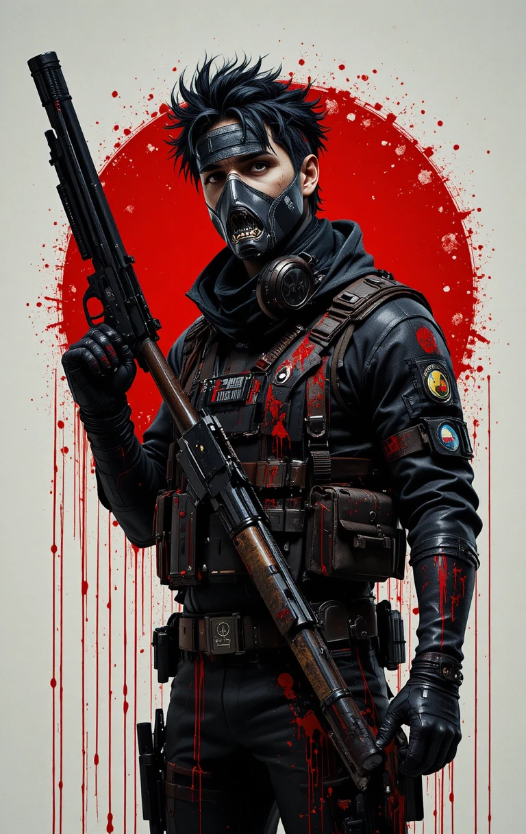 Cyberpunk warrior in mask with guns and red circle backdrop