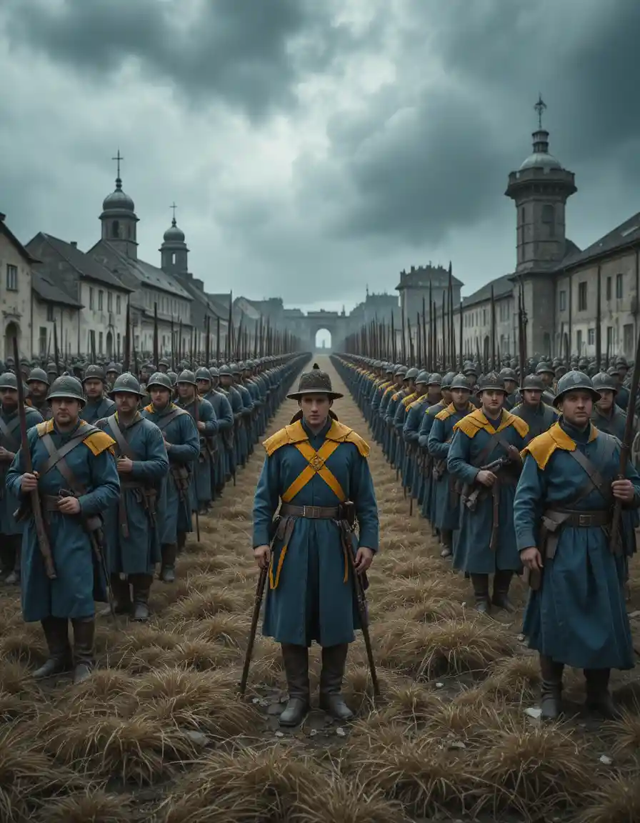 Ranks of Swedish soldiers standing in formation on battlefield
