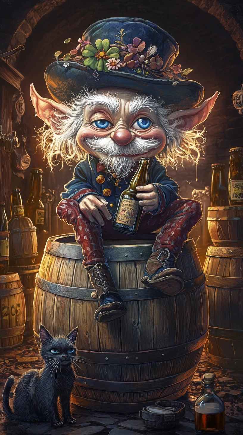 Playful dwarf on a beer barrel in a glowing cellar