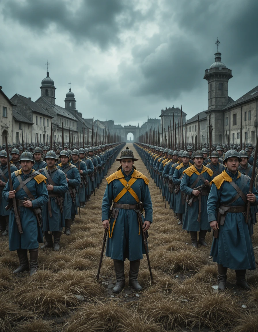Ranks of Swedish soldiers standing in formation on battlefield