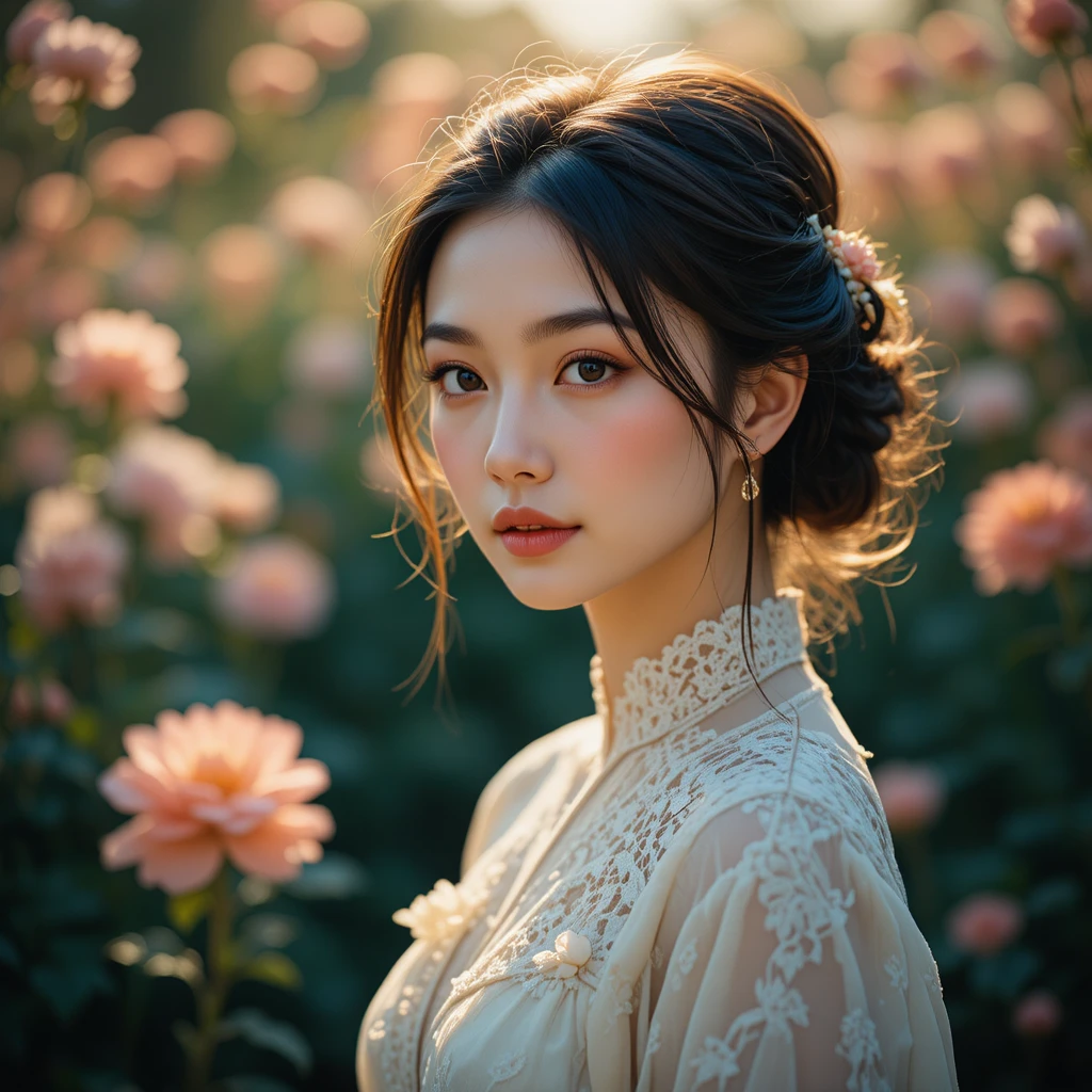 Young woman in a sunlit flower garden portrait