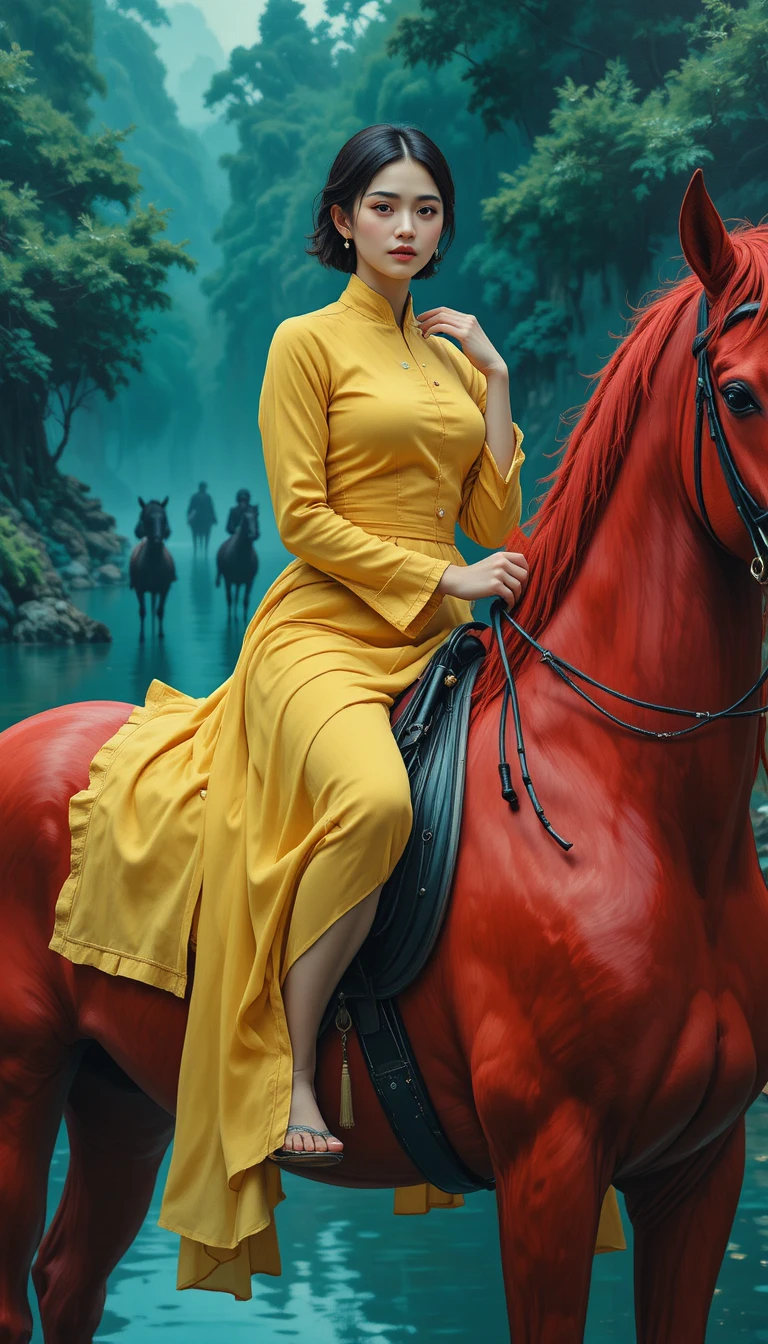 Woman in yellow seated on a vivid red horse
