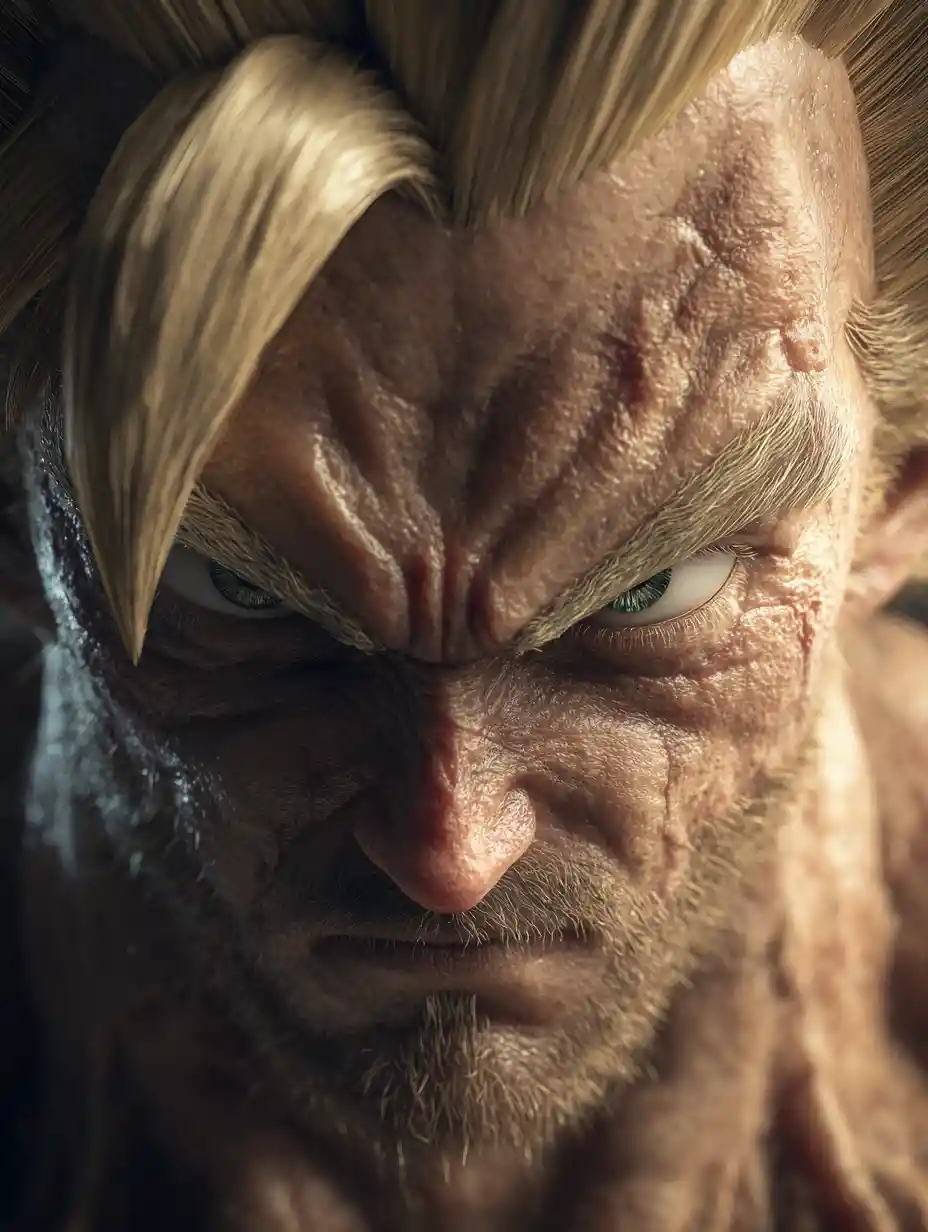 Aged superhuman warrior in glowing golden aura close up