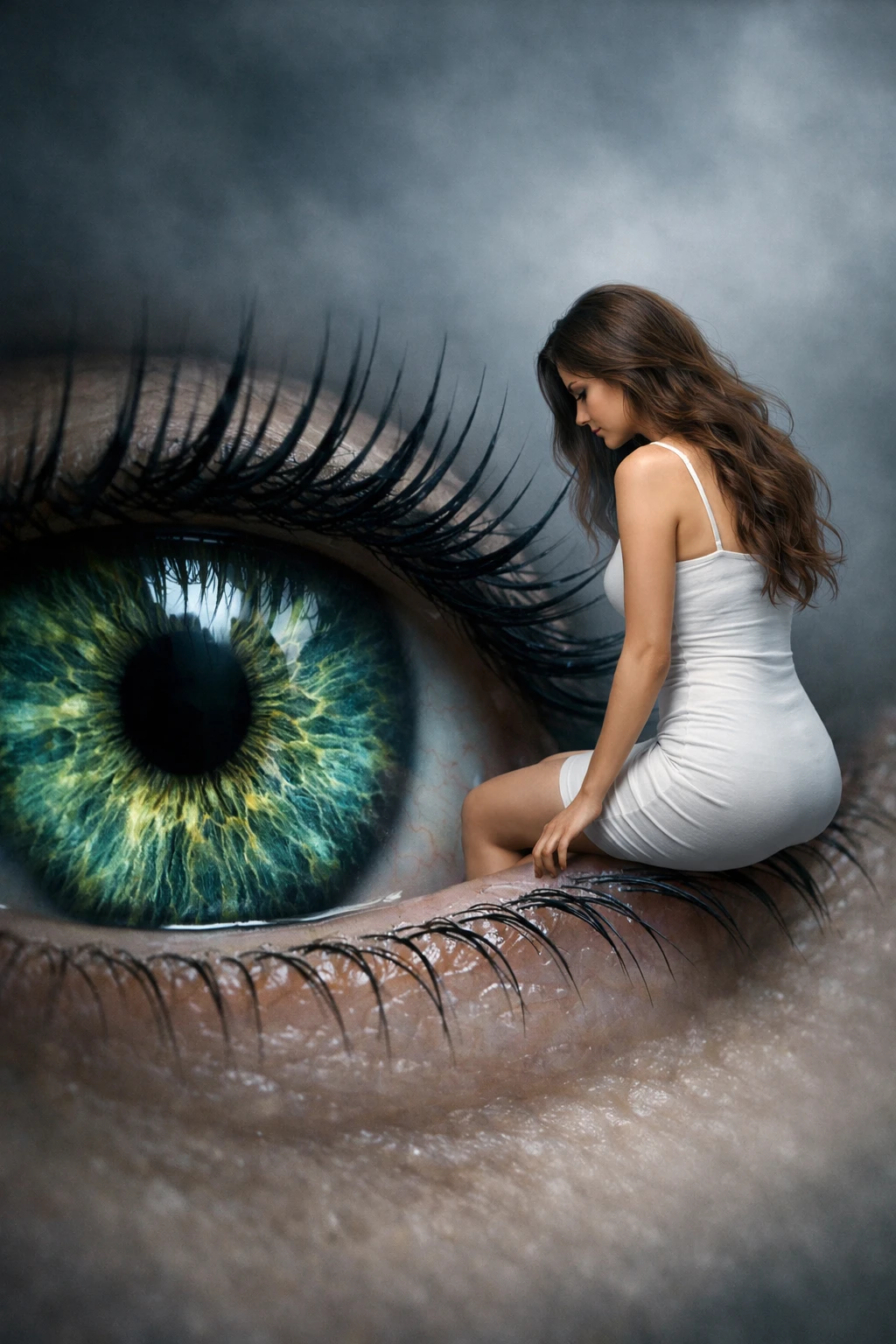 Junge Frau im weißen Kleid neben einem riesigen grünen Auge