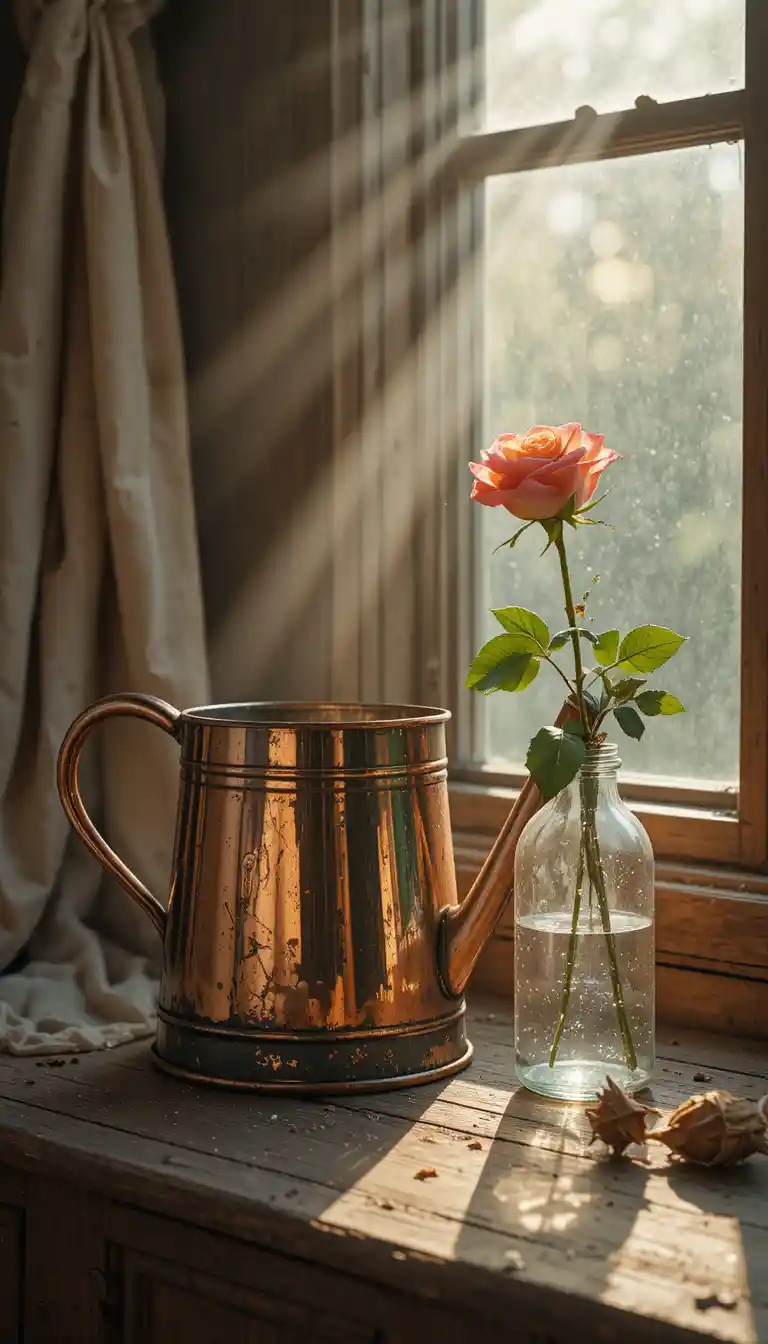 Copper watering can in sunlit dust by an old window