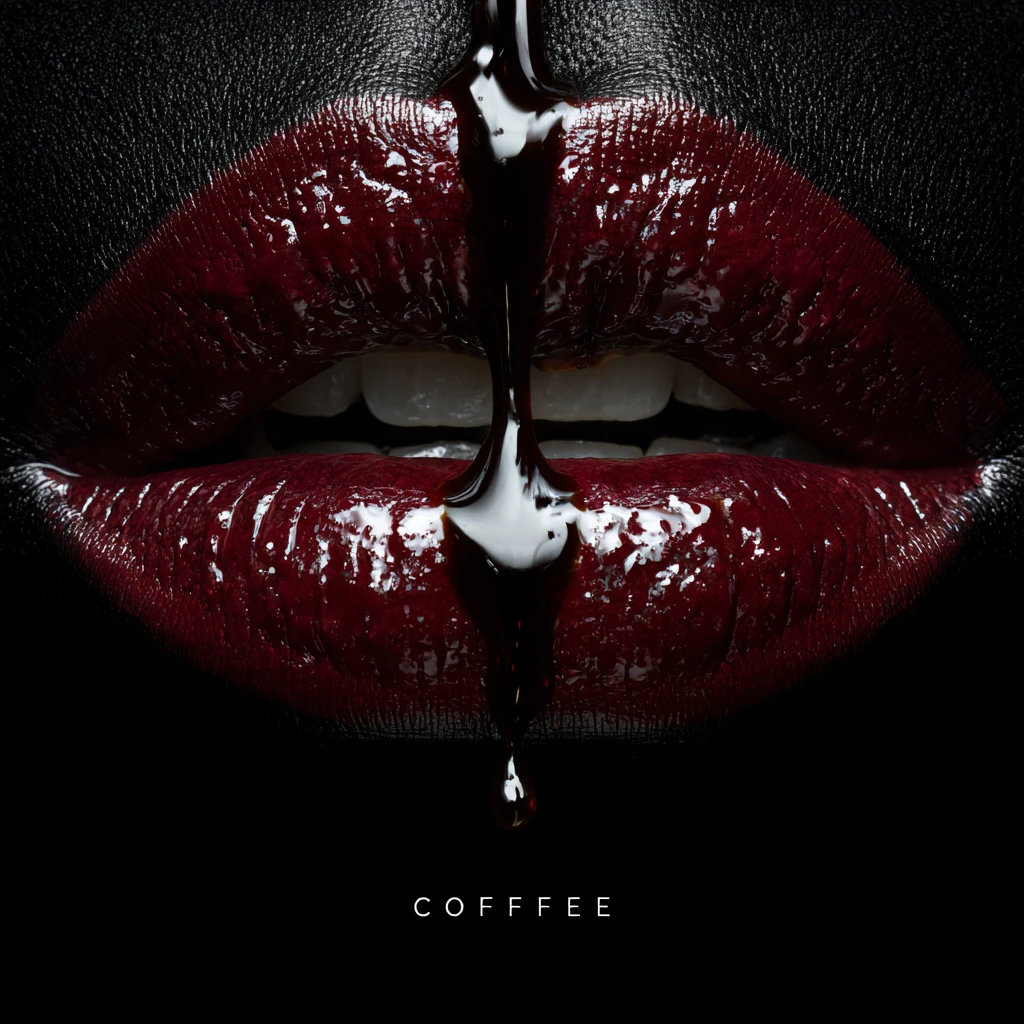 Extreme close up lips hit by falling coffee stream