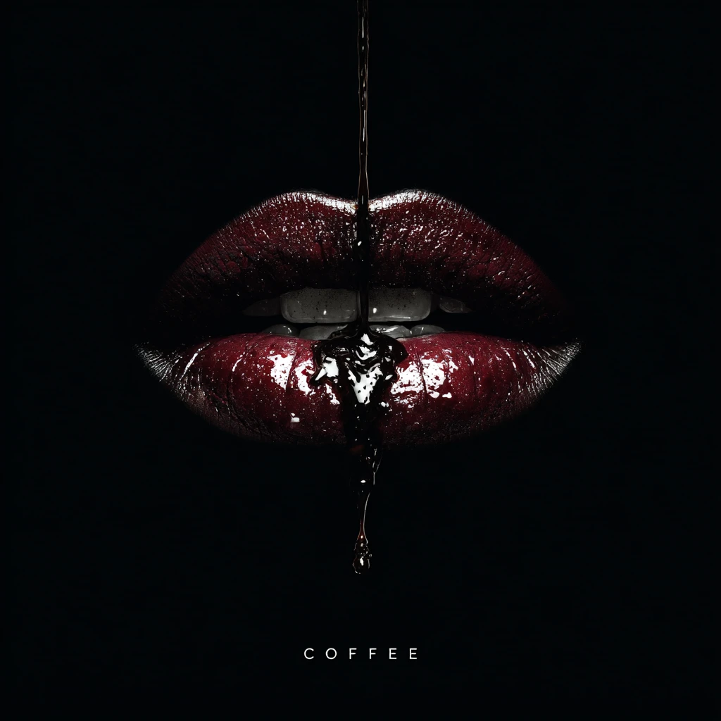 Glossy Burgundy Lips Hit By Falling Coffee Stream