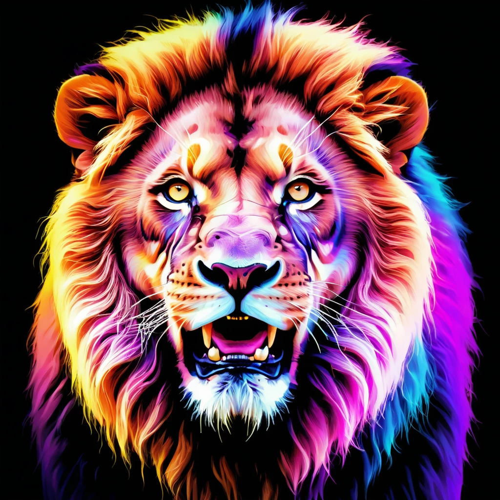 León rugiendo con colores vibrantes bajo un cielo de auroras