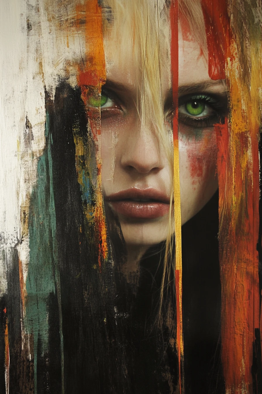 Dadaist collage of a vintage blonde woman with green eyes