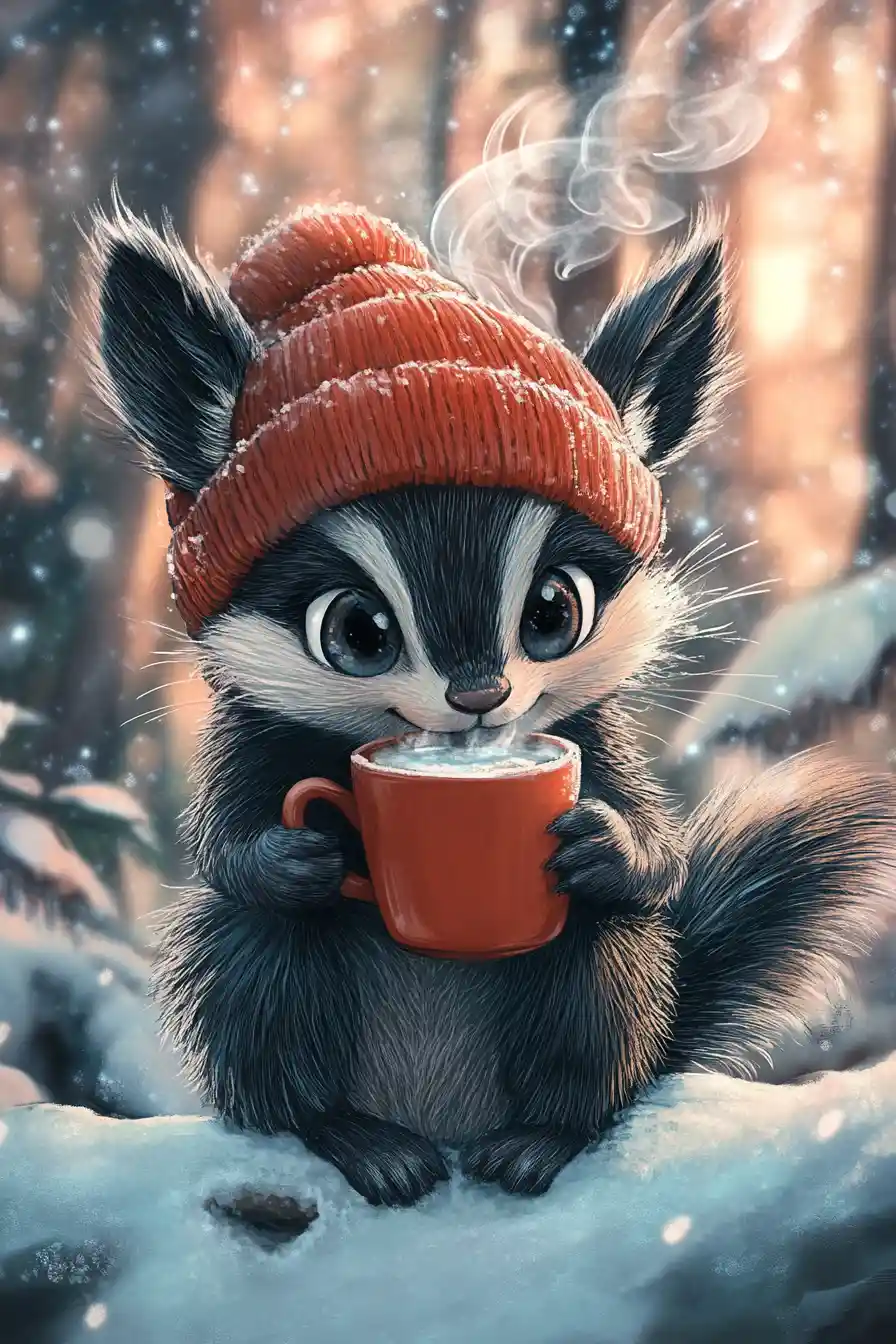 Cute anime skunk in snowy forest sipping hot coffee